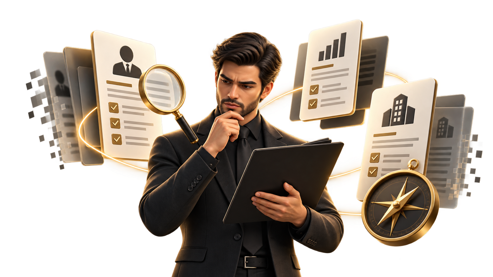 A business professional evaluating company and vendor information with documents, verification checklists, a magnifying glass, and compass.