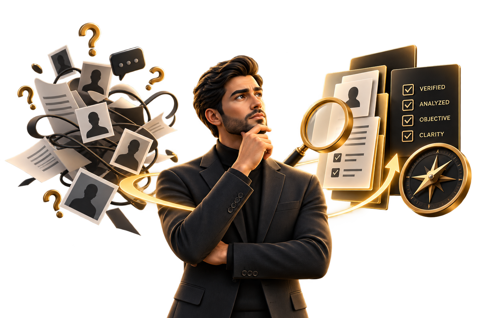 3D illustration of a professional moving from uncertainty and conflicting information toward verified clarity and confident decision-making.