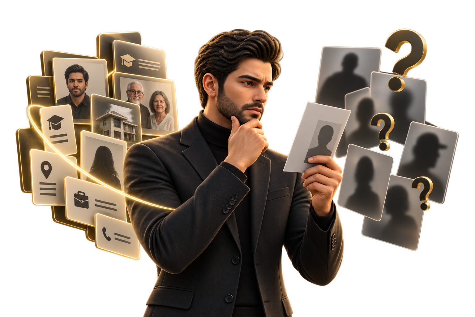 3D illustration of a person examining a profile while verified information contrasts with unknown and uncertain details.