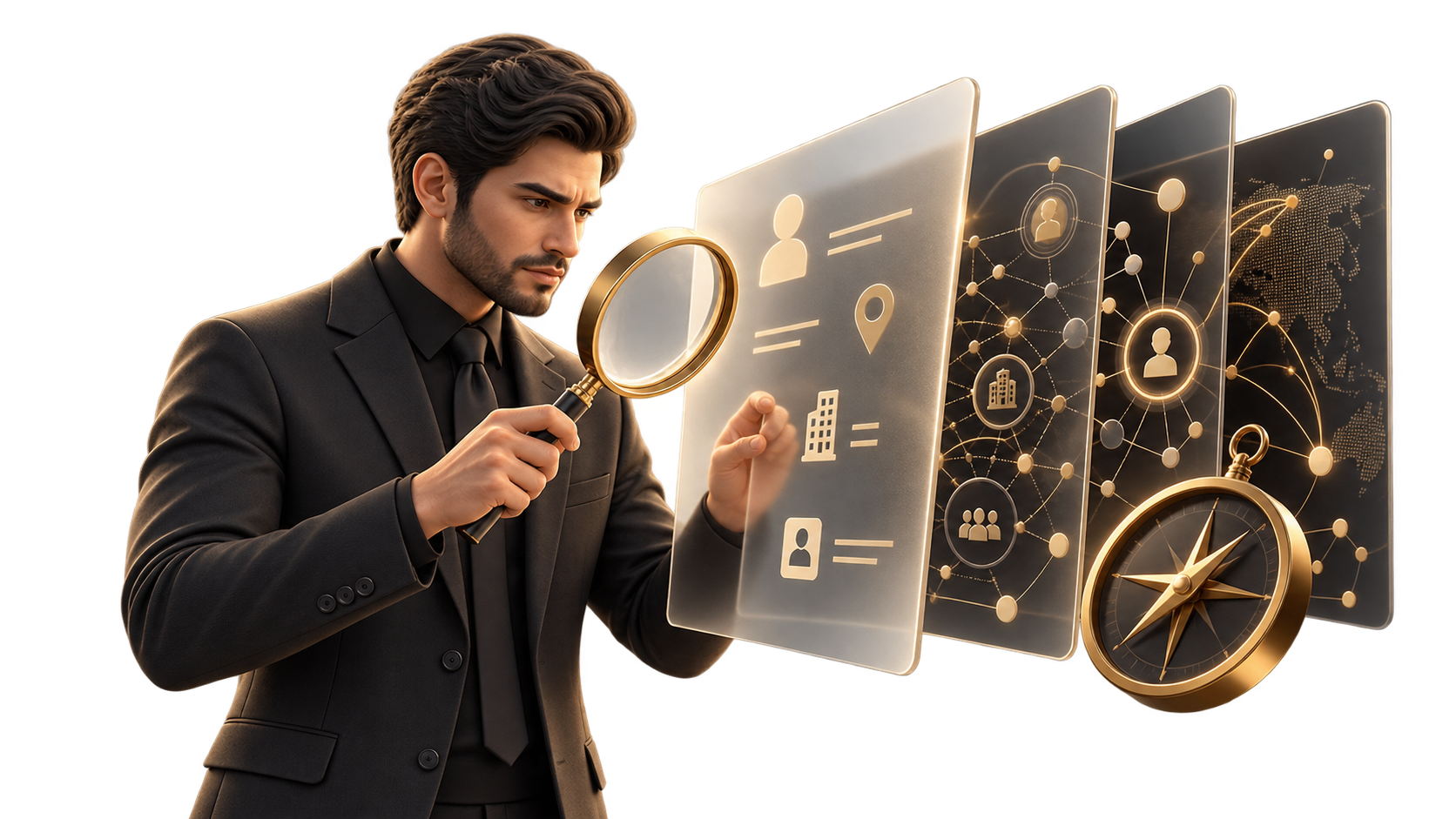 intelligence analyst uncovering hidden connections beneath surface-level information using a magnifying glass and layered data panels.